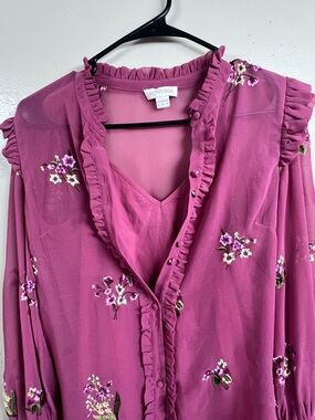 Monsoon Magenta Floral Ruffle V-Neck Blouse